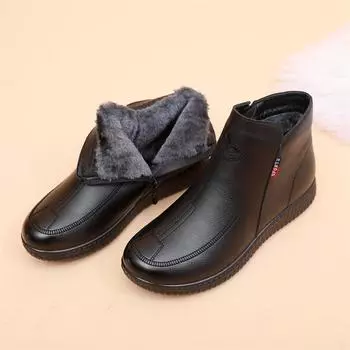 Модные зимние женские кожаные повседневные ботильоны женские плюшевые теплые мягкие зимние ботинки для мам водонепроницаемые нескользящие туфли на плоской подошве 35 чёрный