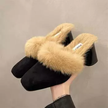 Модные зимние женские меховые туфли элегантные модные закрытые носки мюли 2024 новый стиль ретро универсальные мягкие теплые тапочки женские шлепанцы 35 абрикосовый
