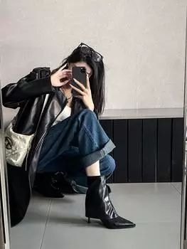 модные зимние женские полусапожки с острым носком Chelsea Botas с боковой молнией модные туфли-лодочки на шпильке для вечеринок размер 35-40 коричневый белый черный 5.5 чёрный