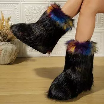 модные зимние женские пушистые сапоги из искусственного меха лисы женские плюшевые теплые зимние сапоги роскошная обувь для девочек меховые сапоги модная зимняя обувь 36 чёрный