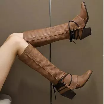 Модные зимние женские сапоги 2024 года, модные винтажные ботинки на шнуровке, женские круглые ковбойские ботинки на высоком каблуке, женские ботинки Botas Mujer 34 чёрный