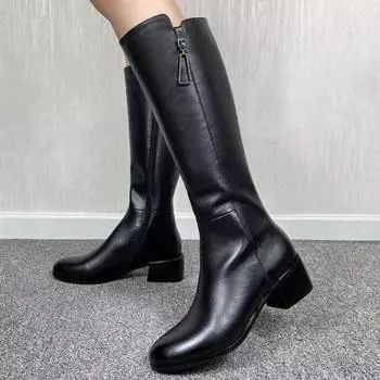 Модные зимние женские сапоги 2024 года, новые модные женские сапоги до колена, модные водонепроницаемые туфли на высоком каблуке, удобные длинные сапоги на толстом каблуке 35 чёрный