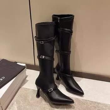 Модные зимние женские сапоги длиной до колена, однотонные, для улицы, новинка 2024 года, горячая распродажа, тонкий каблук, острый носок, боковая молния, женские сапоги 35 белый