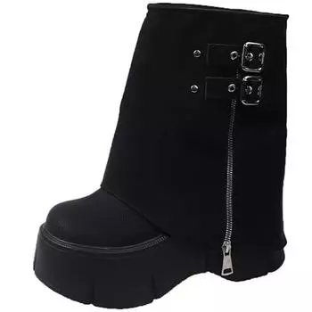 Модные зимние женские сапоги до середины голени в стиле панк, кожаные теплые ботинки на платформе, толстые подошвы, мотоциклетные ботинки 8,5 см, короткие ботинки с пряжкой 34 чёрный