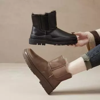 Модные зимние женские сапоги из натуральной коровьей кожи с мехом кролика, новые зимние сапоги из хлопка на толстой подошве, водонепроницаемые сапоги из толстого бархата и хлопка 35