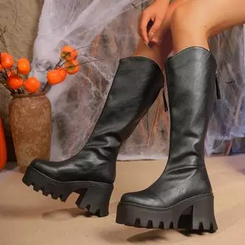Модные зимние женские сапоги с круглым носком, туфли на высоком каблуке для женщин, слипоны на платформе, квадратный каблук, современные сапоги, повседневные сапоги до колена 35 чёрный