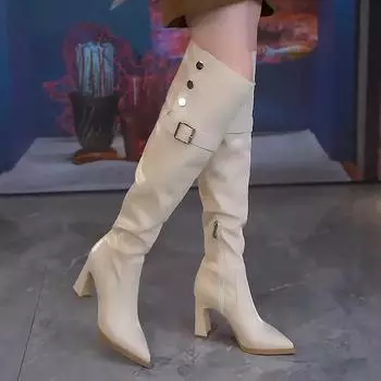 Модные зимние женские сапоги с острым носком, модные современные длинные сапоги без застежек, дизайнерские туфли на высоком каблуке, женские сапоги 34 бежевый