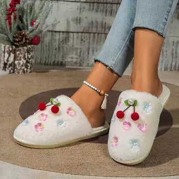 Модные зимние женские тапочки с круглым носком на плоской подошве для женщин. Закрытые домашние хлопковые туфли. Обувь для дома на платформе с цветочным принтом. Женская обувь. 36-37 белый