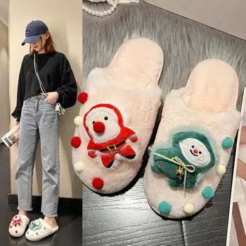 Модные зимние женские теплые и пушистые домашние рождественские декоративные пушистые хлопковые тапочки 36-37 чёрный