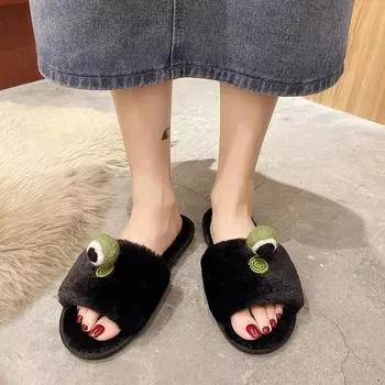 Модные зимние женские теплые и пушистые домашние милые тапочки из хлопка с рисунком глаз 36-37 чёрный