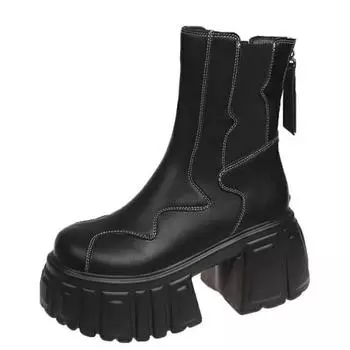 Модные зимние женские теплые меховые ботильоны 8 см, массивные дизайнерские кожаные туфли на высоком каблуке, новые трендовые готические плюшевые мотоциклетные ботинки на платформе 34 чёрный