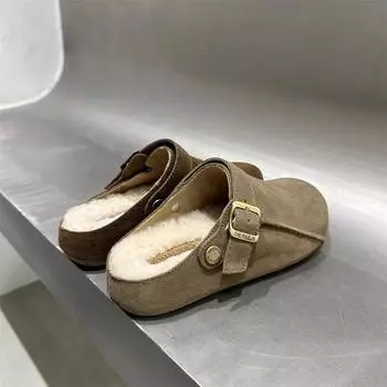 Модные зимние женские теплые меховые мюли тапочки модные закрытые носки шлепанцы комфорт повседневная женская домашняя хлопковая обувь 35 хаки