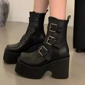 Модные зимние женские туфли на очень высоком каблуке 2024 года, классические женские готические ботинки с металлической пряжкой, модные и универсальные панк-ботинки 35 чёрный