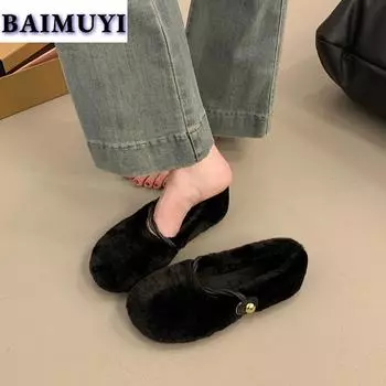 модные зимние женские туфли на плоской подошве с мехом, модные туфли Мэри Джейн, дизайнерские туфли 2025 года, новые короткие плюшевые теплые зимние сапоги, пушистая повседневная обувь 35 бежевый