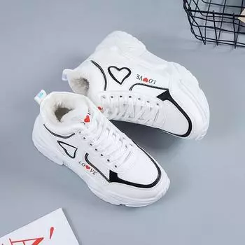 Модные зимние женские высокие кроссовки 2024 года, новинка, теплая повседневная обувь Love Woman из плюша и бархата, женская спортивная обувь на платформе Zapatillas Mujer 35 чёрный