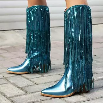 Модные зимние женские высокие сапоги, роскошные брендовые сапоги до колена с кисточками, женская обувь, синие, розовые, длинные туфли челси в стиле вестерн, женские, большой размер 48 34 синий