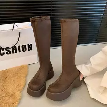 Модные зимние женские зимние сапоги однотонные с круглым носком для улицы 2024 года, горячая распродажа, повседневные удобные водонепроницаемые женские сапоги длиной до колена 35 чёрный