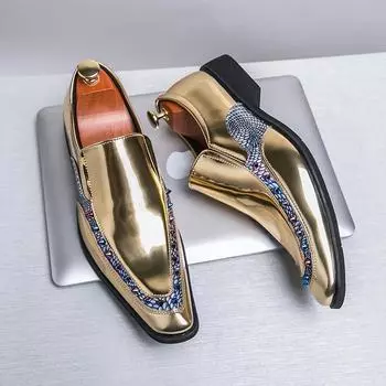 Модные золотые черные мокасины мужские PU с заклепками декоративные остроконечные туфли для банкета на низком каблуке деловые повседневные туфли классические туфли для укладки 37