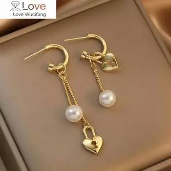 Модные золотые серьги-гвоздики с замком в форме сердца и длинным жемчугом для женщин в Корее, асимметричные серьги-подвески в форме сердца, модные ювелирные изделия