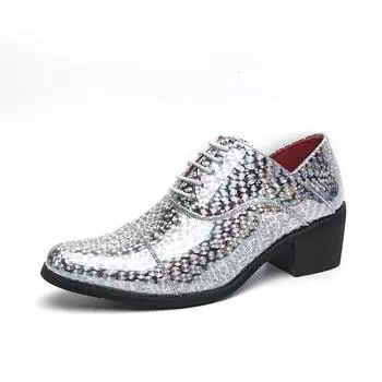Модные золотые туфли на высоком каблуке в стиле панк со шнуровкой, оксфордские туфли с острым носком, деловые, офисные, мужские туфли, увеличивающие рост, кожаные свадебные туфли 38 серебряный