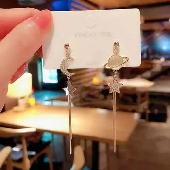 Модные звезды Луна Вселенная Асимметричные длинные серьги Кристаллические серьги Женские серьги-пентаграммы Роскошь A