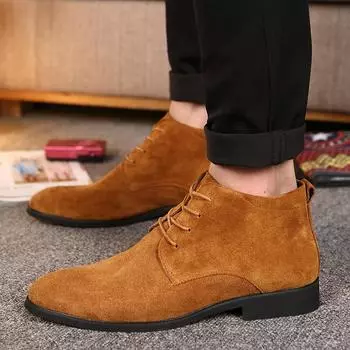 МодныеНовые корейские мужские ботинки челси из натуральной замши с высоким верхом, деловые туфли, модные мужские ботильоны на шнуровке 37 чёрный