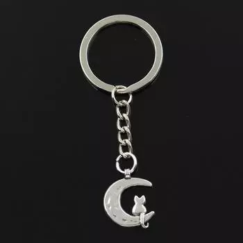 Модный 30 мм брелок для ключей, металлический брелок для ключей, ювелирные изделия, античная бронза, лунный кот, подвеска 22x18 мм серебряный