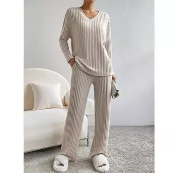 Модный эластичный комплект из двух предметов для женщин, осенне-зимние брючные костюмы, повседневные прямые брюки, комплект, свободные трикотажные комплекты с v-образным вырезом в рубчик S абрикосовый