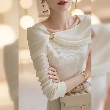 Модный элегантный односложный наплечный платок вязаный свитер осень зима новый низ женская одежда корейский стиль пуловер вязаный повседневный свитер 1980 One Size
