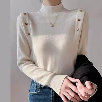 Модный элегантный однотонный вязаный свитер с полувысоким воротом для женщин, осенний повседневный облегающий свитер с длинным рукавом для женщин, топы, зимние теплые базовые трикотажные изделия 24880 One Size белый