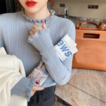 Модный элегантный свитер с длинным рукавом, вязаный свитер, осень и зима, облегающий базовый свитер, женские повседневные женские однотонные джемперы с грибковой кромкой 2309 One Size белый