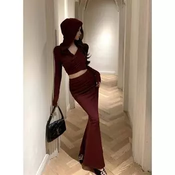 Модный элегантный топ с капюшоном с длинными рукавами и юбка-рыбий хвост с высокой талией для женщин, повседневный облегающий крой, простая одежда, наряды 2845 S красный