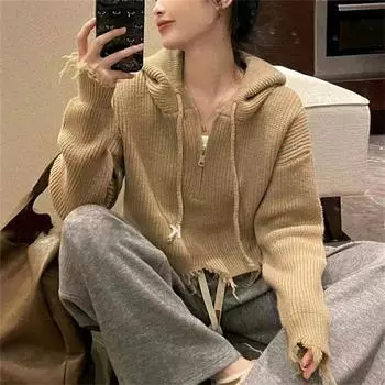 Модный элегантный вязаный свитер с капюшоном и кисточками для женщин, осенне-зимний повседневный женский короткий свитер, куртка, винтажный однотонный трикотажный кардиган, пальто 24849 One Size серый