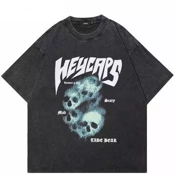 Модный американский уличный стиль Y2K с рисунком черепа в стиле оверсайз, черный летний ретро-корейский модный топ с короткими рукавами S чёрный