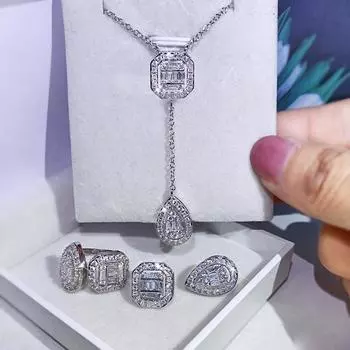 Модный асимметричный квадратный комплект из длинных серег с цирконием в виде капли воды и ожерелья