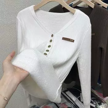Модный бархатный свитер с подкладкой, универсальная повседневная трикотажная рубашка, женская осенне-зимняя элегантная узкая футболка с V-образным вырезом M чёрный