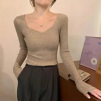 Модный базовый облегающий свитер с V-образным вырезом для женщин, осенне-зимний вязаный свитер с длинным рукавом, женский элегантный повседневный винтажный трикотаж 25268 One Size белый