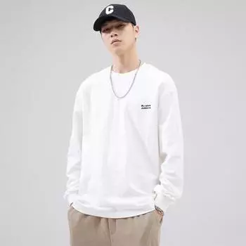 Модный белый свитер футболка мужская весна и осень свободный круглый вырез чистый хлопок буквы повседневный топ низ рубашка M белый