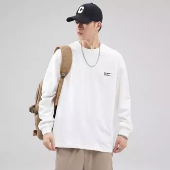 Модный белый свитер футболка мужская весна и осень свободный круглый вырез чистый хлопок буквы повседневный топ низ рубашка M белый