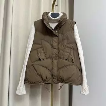 Модный белый жилет из утиного пуха, женский стоячий воротник, новинка зимы 2024 года, свободная верхняя одежда, жилет в иностранном стиле S слоновая кость