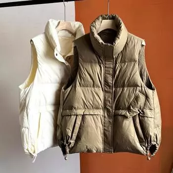 МОДНЫЙ белый жилет на утином пуху 2024 года, новый зимний жилет с воротником-стойкой, без рукавов, свободный, теплый, верхняя одежда, жилет, короткий, Одежда S хаки