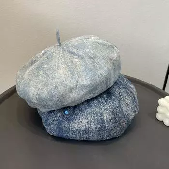 Модный берет из денима с пайетками для детей в ретро-тренде, иностранный стиль, универсальная повседневная качественная восьмиугольная шляпа, темперамент average size for adults (56-58cm) темно-синий