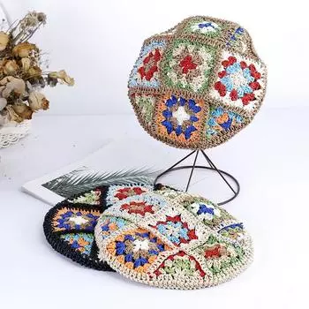 Модный берет с крючком и цветком, женская соломенная плетеная дышащая соломенная шляпа, цветочный узор, дизайн солнцезащитной шляпы, соломенная шляпа ручной работы M56-58cm покинуть белый