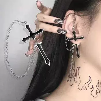 Модный, Безразличный, Гавань Ветра, Капающее Масло, Крутой И Красивый Прыжок, Преувеличенный Крест, Цепной Пирсинг, Ногти в Ушах, Серьги One Size чёрный