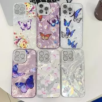Модный блестящий чехол IMD с рисунком бабочки для iPhone 16 Plus 15 14 Pro Max 13, защита объектива, противоударный прозрачный чехол для телефона iPhone 16