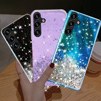 Модный блестящий чехол со звездами для Samsung Galaxy A05S A25 A35 A54 A53 S23 S24 Huawei P50 Xiaomi Redmi Note 13 iPhone 15 14 13 12 Pro Max Мягкий чехол For iPhone 8 Plus чёрный
