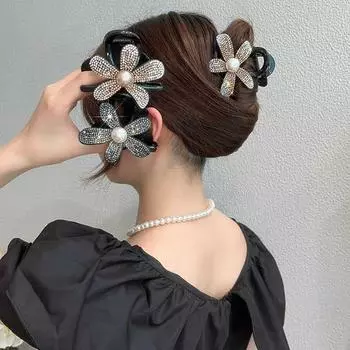 Модный блестящий цветочный зажим для волос со стразами, элегантный черный хвостик, заколка-акула, заколки для волос для женщин, аксессуары для волос 1
