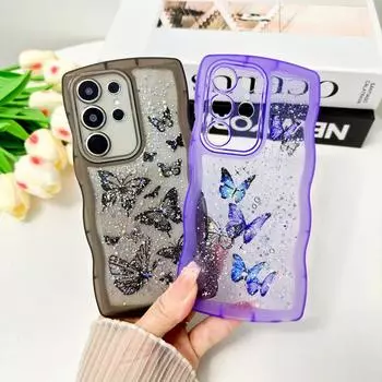 Модный блестящий тонкий прозрачный чехол с рисунком бабочки для Samsung S24 Ultra S23 FE S22 Plus A55 A54 A35 A14 A53 A15 Мягкий силиконовый противоударный чехол для телефона Samsung S24 чёрный