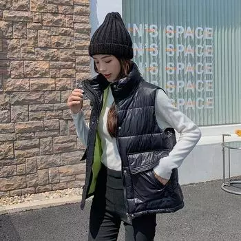 Модный блестящий жилет из хлопкового пуха для верхней женской одежды на весну и осень, не требует стирки, свободный утягивающий жилет, утепленная куртка-жилет S белый