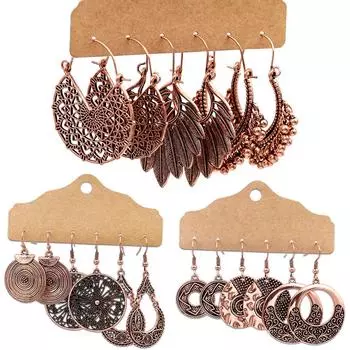 Модный браслет, 3 пары, цыганские женские серьги в стиле бохо с перьями, круглые полые висячие серьги-крючки, вечерние украшения 1